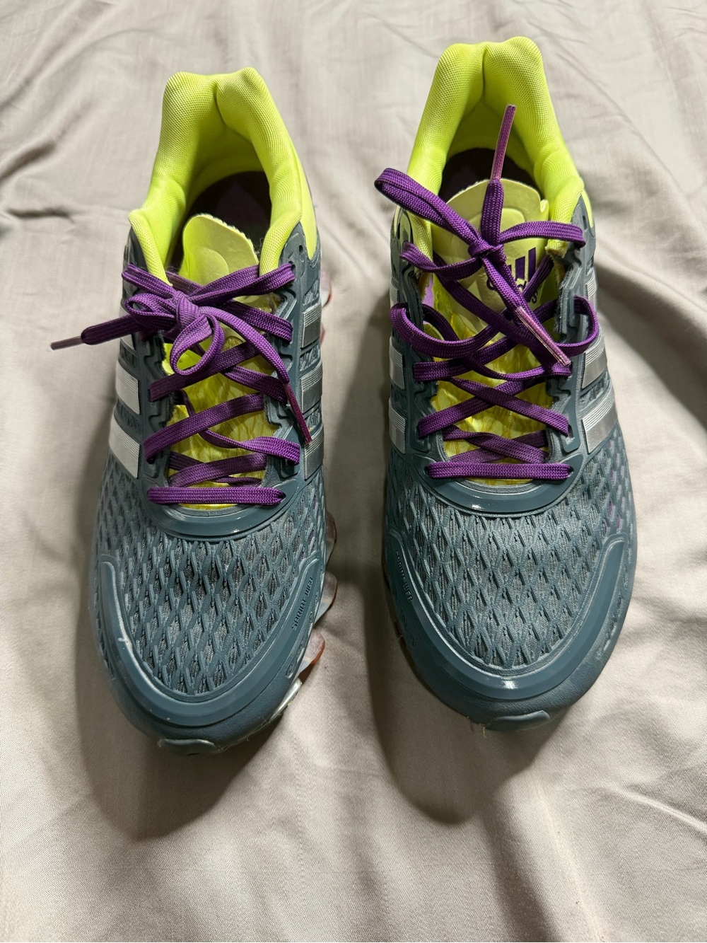 adidas Women's Athletic Shoes in Gray with Purple Laces and Neon Yellow Linings